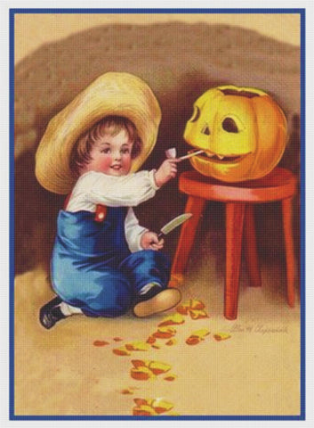 Victorian Halloween Little Boy Carving a Pumpkin Counted Cross Stitch Pattern