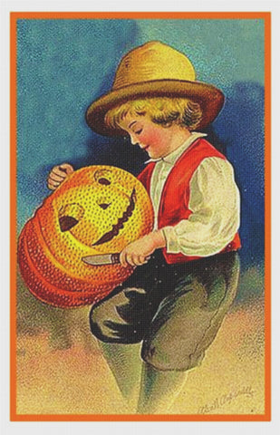 Victorian Halloween Young Boy with a Carved Pumpkin Counted Cross Stitch Pattern