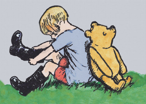 Christopher Robin Puts on Boots with Pooh Bear Counted Cross Stitch Pattern DIGITAL DOWNLOAD