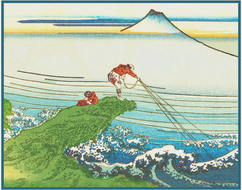 Asian Japanese Fishing in the Surf Hokusai Counted Cross Stitch Chart Pattern DIGITAL DOWNLOAD