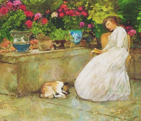 Reading in the Garden by American Impressionist Painter Childe Hassam Counted Cross Stitch Pattern