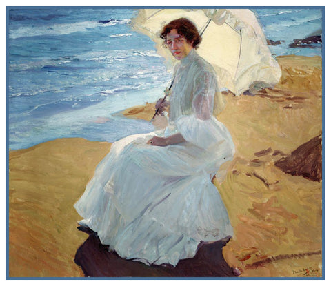 Wife Clotilde On The Beach by Joaquin Sorolla y Bastida Counted Cross Stitch Pattern