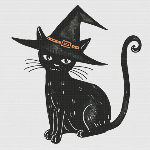 Black Cat Witches Hat Halloween Counted Cross Stitch Pattern 4 DMC Colors