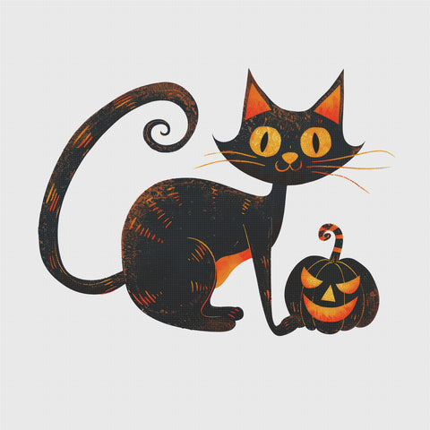 Black Cat and Pumpkin Halloween Counted Cross Stitch Pattern 8 DMC Colors