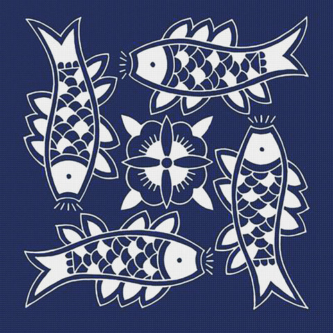 Asian Indigo Batik 4 Following Swimming Fish Folk Art Design *2 DMC Colors* Counted Cross Stitch Pattern Digital Download