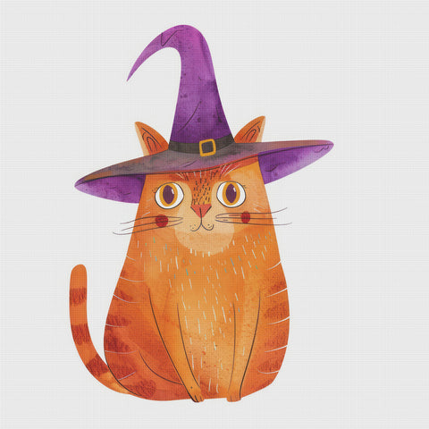 Tabby Cat Purple Witches Hat Halloween Counted Cross Stitch Pattern 10 DMC Colors