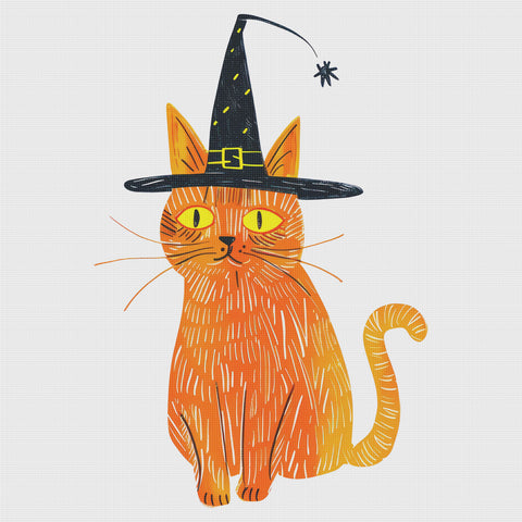 Tabby Cat Witches Hat Halloween Counted Cross Stitch Pattern 8 DMC Colors