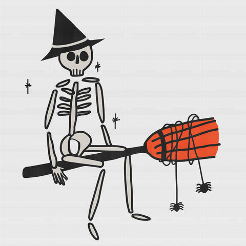 Skeleton Witches Hat Halloween Broom Spider Counted Cross Stitch Pattern 8 DMC Colors