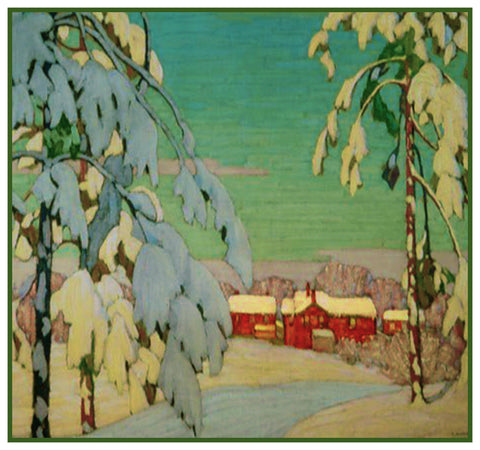 Pink House Winter Landscape by Canadian Lawren Harris Simplified Counted Cross Stitch Pattern
