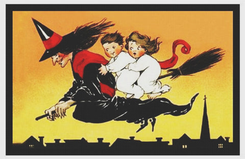Victorian Halloween Flying Witch on a Broom with Children Counted Cross Stitch Pattern