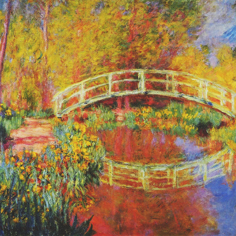 Autumn in Garden Bridge on Water Lily Pond inspired by Claude Monet's impressionist painting Counted Cross Stitch Pattern