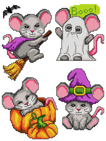4-Cute Halloween Mouses Ornaments on Plastic Canvas Counted Cross Stitch Kit from Crafting Spark