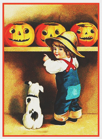 Victorian Halloween Boy Dog and 3 Pumpkins Counted Cross Stitch Pattern