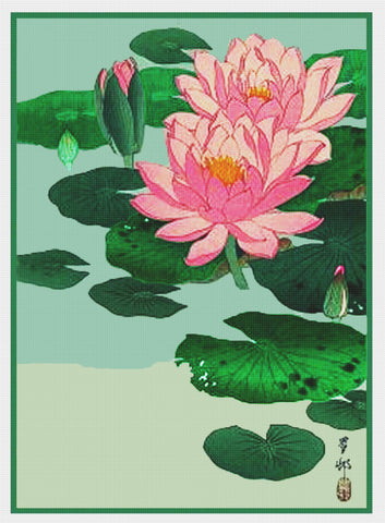 Japanese Artist Ohara Shoson's Lotus Flowers Counted Cross Stitch Pattern
