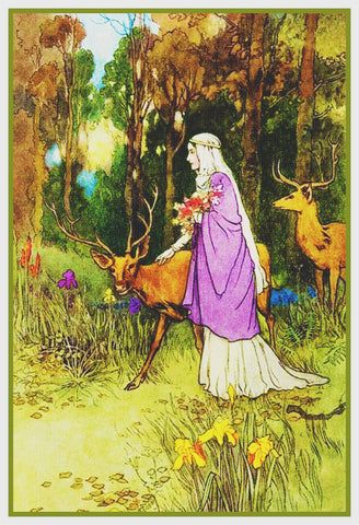 Woman in Woods With Timid Dun Deer by Warwick Goble Counted Cross Stitch Chart Pattern