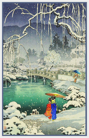 Asian Snow in Maruyama Park by Japanese artist Kawase Hasui Counted Cross Stitch Pattern