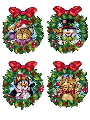 4-Charming Christmas Wreaths on Plastic Canvas Counted Cross Stitch Kit from Crafting Spark