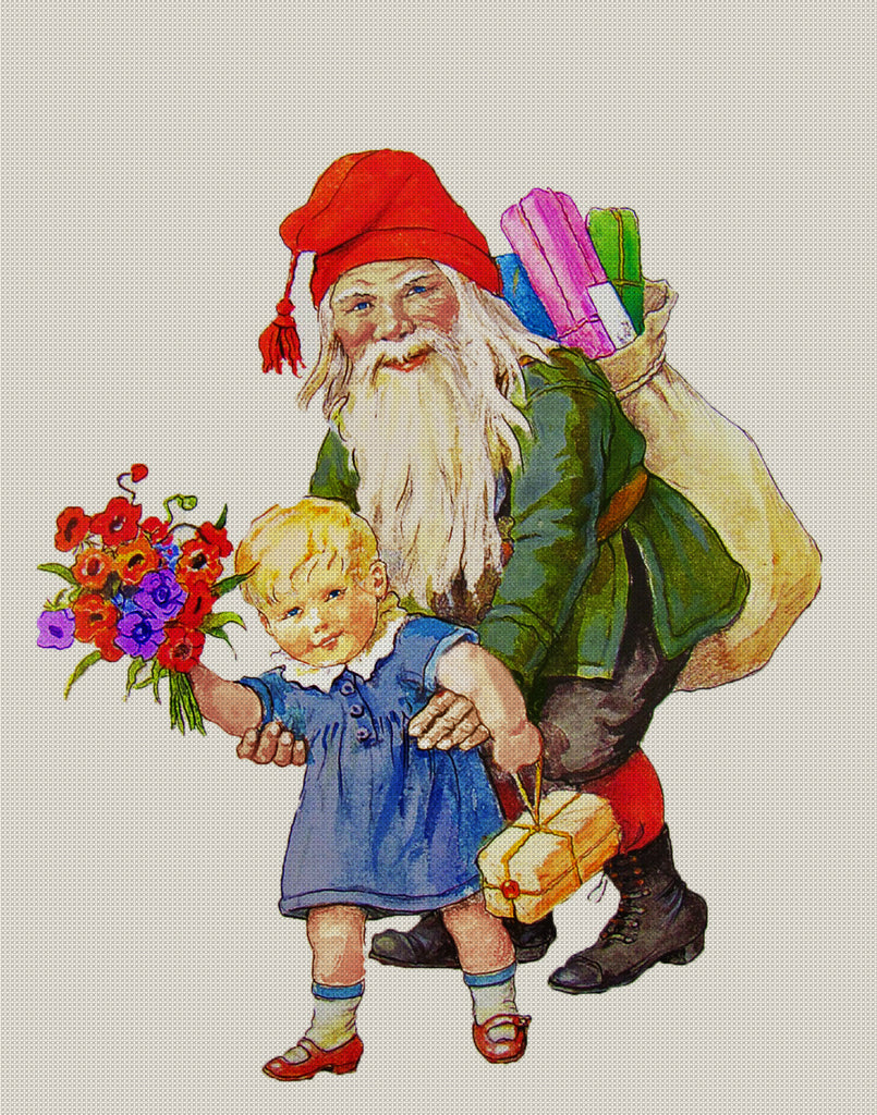 Elf Gnome Baby Presents Flower Bouquet Jenny Nystrom  Holiday Christmas Counted Cross Stitch Pattern