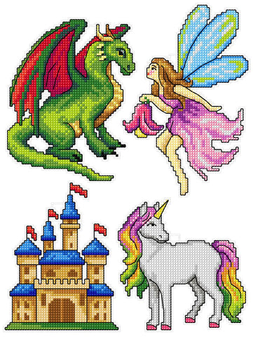 4-Fairy Tale Magical Friends Ornaments on Plastic Canvas Counted Cross Stitch Kit from Crafting Spark