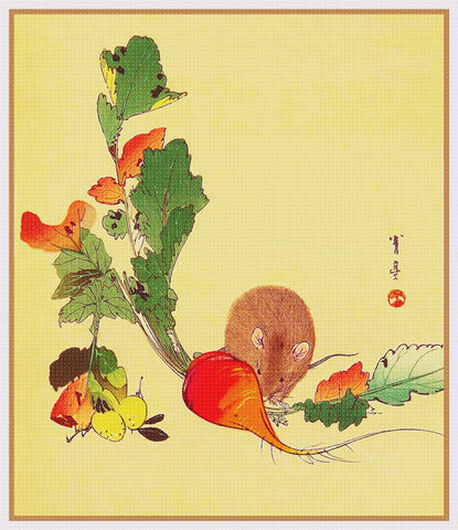 Asian Mouse Nibbling on Radish Ohara Koson Shoson Counted Cross Stitch Pattern