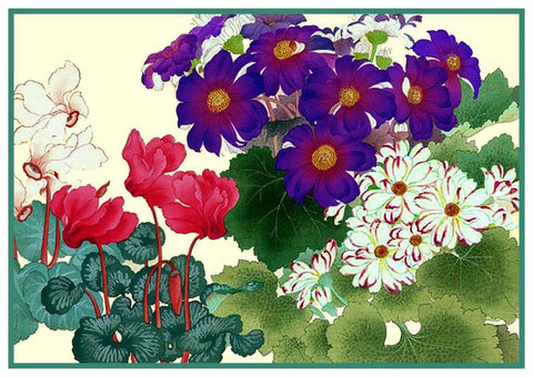 Tanigami Konan Asian Cyclamen and Cineraria Flowers Counted Cross Stitch Pattern DIGITAL DOWNLOAD