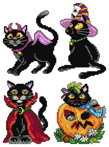 4-Halloween Whimsical Black Cat Ornaments on Plastic Canvas Counted Cross Stitch Kit from Crafting Spark