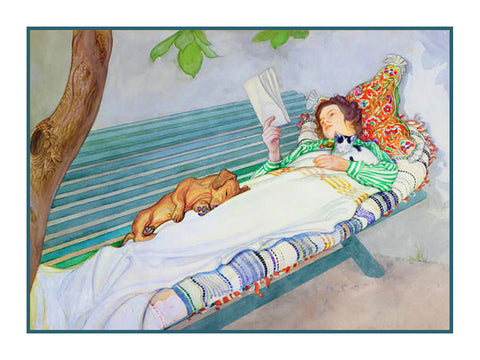 Swedish Carl Larsson's Woman Reading on Bench Counted Cross Stitch Chart Pattern DIGITAL DOWNLOAD