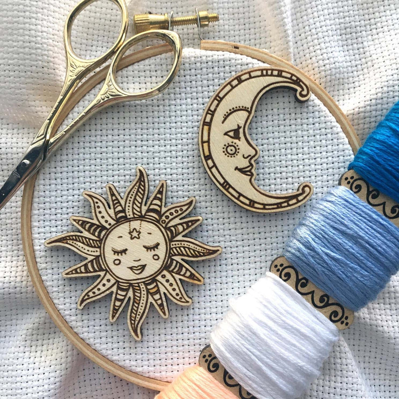 Ornate Smiling Sun & Moon Needle Minders (Set of 2) Engraved Wooden Needle minders Hand Drawn by Snarky Crafter Designs