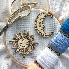 Ornate Smiling Sun & Moon Needle Minders (Set of 2) Engraved Wooden Needle minders Hand Drawn by Snarky Crafter Designs