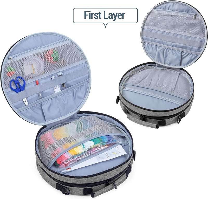 Embroidery Bag, Double-Layer Round Embroidery Project Storage Bag for Storing Embroidery Kits and Cross Stitch Kits, with Handle and Shoulder Strap - Grey