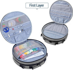 Embroidery Bag, Double-Layer Round Embroidery Project Storage Bag for Storing Embroidery Kits and Cross Stitch Kits, with Handle and Shoulder Strap - Grey