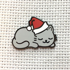 Sleepy Christmas Kitty Enamel Needle Minder by Snarky Crafter Designs
