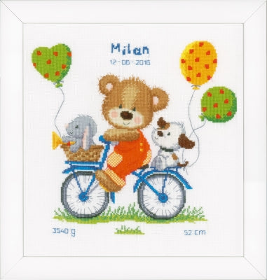 Cycling Bear Birth Record Vervaco Counted Cross Stitch Kit 10.8