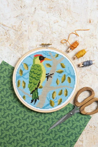 Green Woodpecker Cross Stitch Kit  Beginner Craft Kit From Hawthorn Handmade
