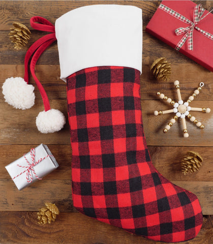Red and Black Plaid Christmas Holiday Stockings with Pom Poms
