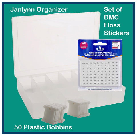Janlynn's Plastic Needlecraft Organizer with 50 Plastic Floss Bobbins & DMC Stickers