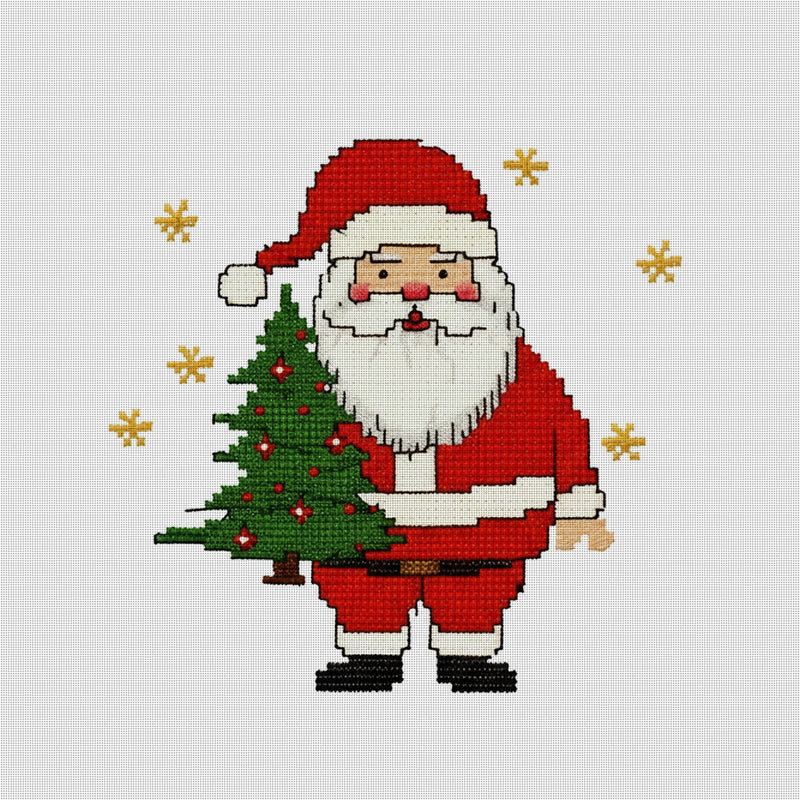 Santa Claus With A Christmas Tree Counted Cross Stitch Pattern
