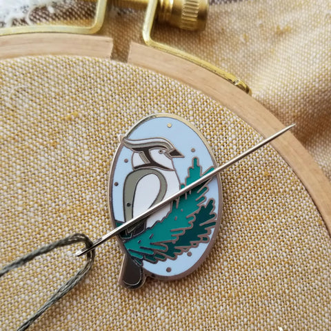 WINTER BIRD ENAMEL NEEDLE MINDER By Jessica Long Embroidery