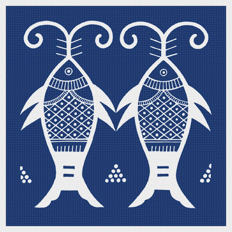 Asian Indigo Batik 2 Fish Folk Art Design *2 DMC Colors* Counted Cross Stitch Pattern Digital Download