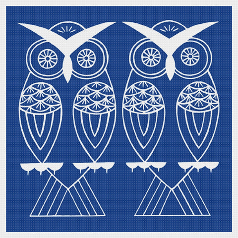Asian Indigo Batik 2 Owl Birds Folk Art *2 DMC Colors* Counted Cross Stitch Pattern Digital Download