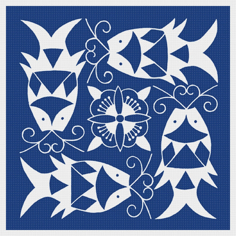 Asian Indigo Batik 4 Fish Folk Art Design *2 DMC Colors* Counted Cross Stitch Pattern Digital Download