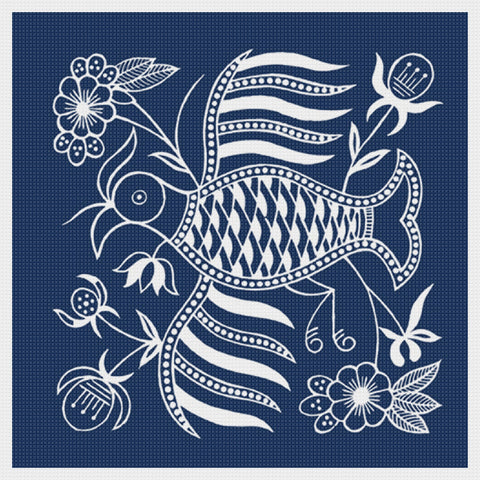 Asian Indigo Batik Bird #5 Folk Art Design *2 DMC Colors* Counted Cross Stitch Pattern Digital Download