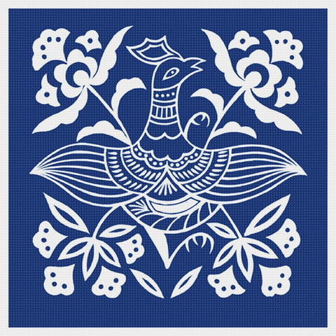 Asian Indigo Batik Bird #4 Folk Art Design *2 DMC Colors* Counted Cross Stitch Pattern Digital Download