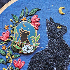 Black Cat ENAMEL NEEDLE MINDER By Jessica Long Embroidery