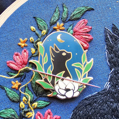 Black Cat ENAMEL NEEDLE MINDER By Jessica Long Embroidery