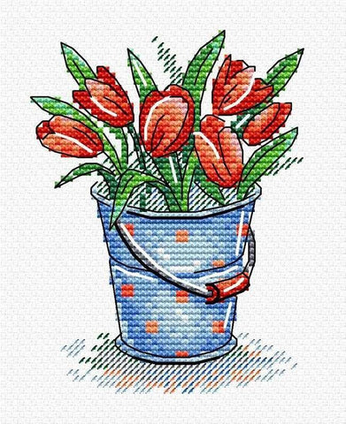 Red Tulips in a Pail Counted Cross Stitch Kit from MP Studia