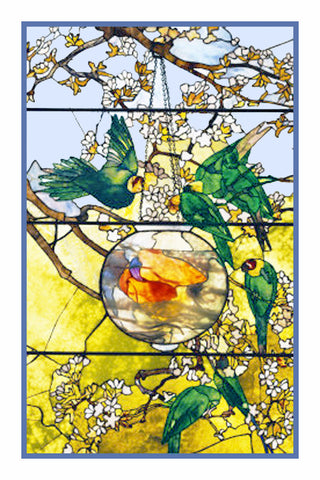 Parakeets and Goldfish Bowl inspired by Louis Comfort Tiffany  Counted Cross Stitch Pattern