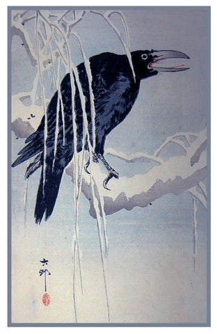 Japanese Artist Ohara Shoson's Crow on a Branch in the Rain Counted Cross Stitch Pattern DIGITAL DOWNLOAD