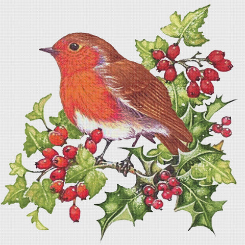 Holiday Bird Holly and Berries Christmas Counted Cross Stitch Pattern