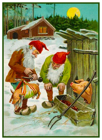 Tomte Elves Bring Baby Pig Home to Mama by Jenny Nystrom Counted Cross Stitch Pattern